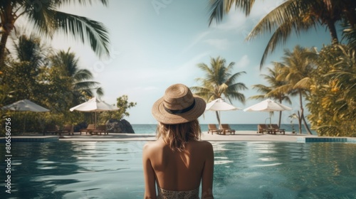 Fototapeta Naklejka Na Ścianę i Meble -  Beautiful young woman enjoying a vacation at a luxury beach resort with swimming pool near the beach.