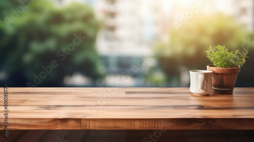 Wooden table on blurred kitchen window background for displaying products
