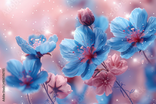 3D wallpaper with blue flowers on a pink background with glitter and stars in a dreamy style. Created with Ai