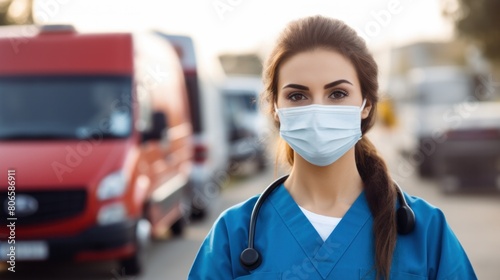 Female emergency doctor standing in front of an ambulance wearing a protective mask