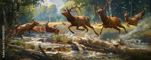 A herd of deer playing tag in a meadow, gracefully leaping over streams and logs photo