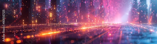 Futuristic 3D wallpaper featuring a holographic cityscape with floating buildings and neon lights