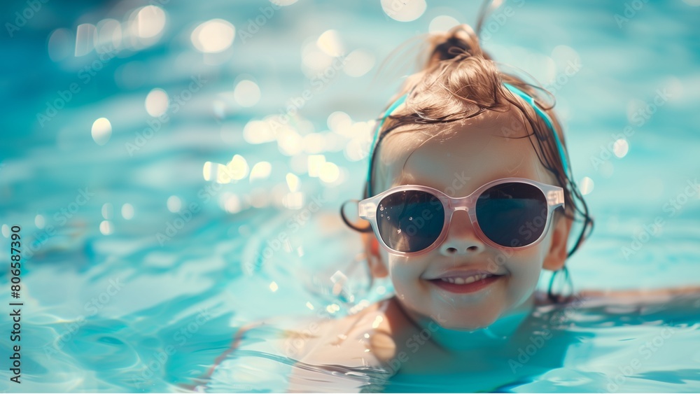 Naklejka premium Smiling cute little girl in sunglasses in pool in sunny day.. with high resolution photography, copy space for text banner background