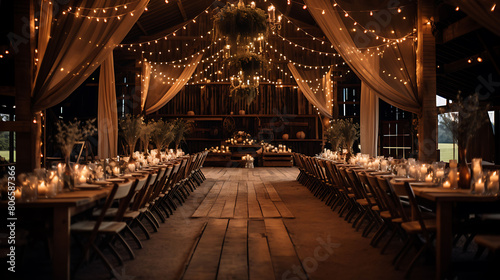 Rustic barn converted into a wedding venue with string lights, wooden tables, and hay bale seating, photo