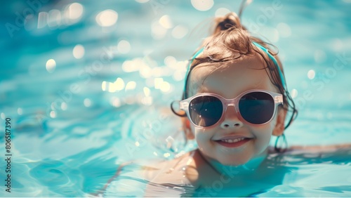 Smiling cute little girl in sunglasses in pool in sunny day.. with high resolution photography, copy space for text banner background