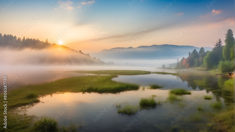 The misty Lacu Rosu Lake picture in the morning. A misty summer sunrise in Romania's Harghita County, Europe. Background of the idea of the beauty of nature.