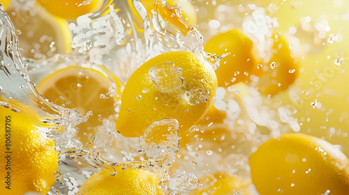 Pictures of multiple lemons surrounded by ice and splashes of water.