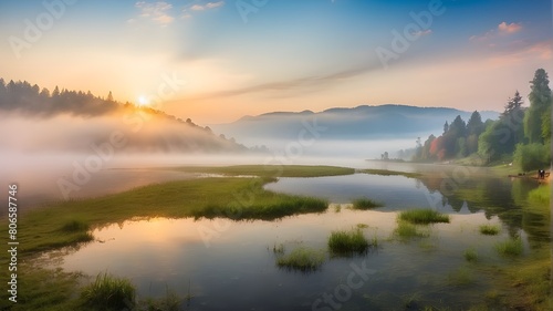 The misty Lacu Rosu Lake picture in the morning. A misty summer sunrise in Romania's Harghita County, Europe. Background of the idea of the beauty of nature. photo