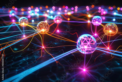 Digital communication points visualized as glowing orbs connected by vibrant strands in a dark space.