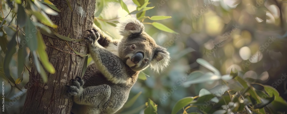 Obraz premium A koala slowly climbing down a eucalyptus tree to reach tender leaves below