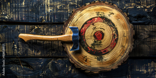 Double-bladed axe that hit the bullseye with dark old wooden background photo