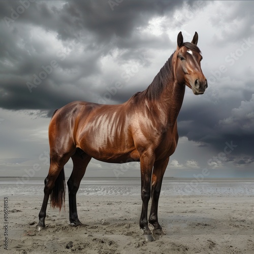 A horse stands on a beach in front of a cloudy sky