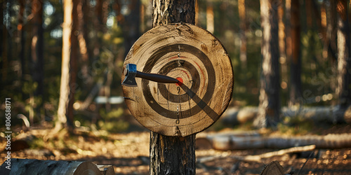 A dart board with the word target with Oak tree texture background photo