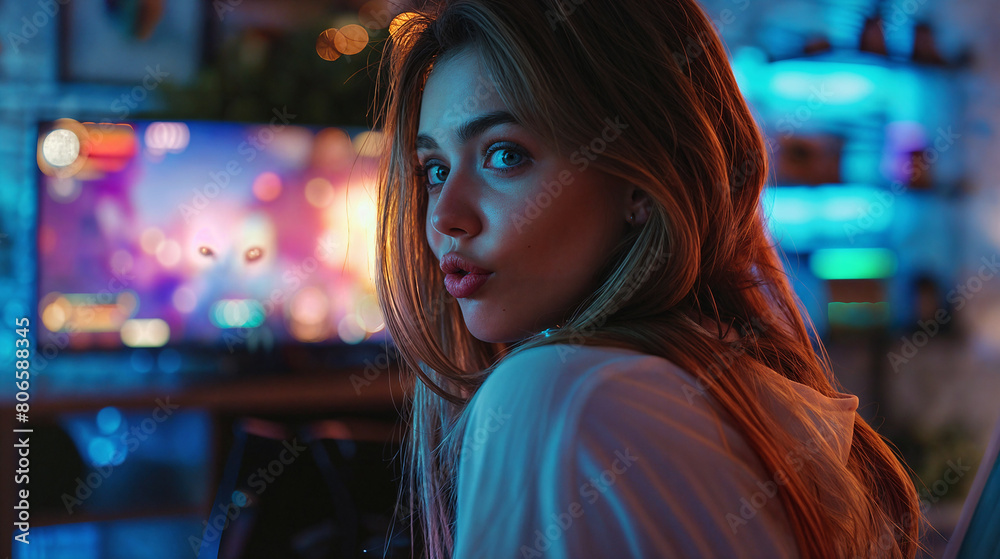 Young woman gamer for computer games and game consoles sat in front of the screen. Player without emotions. Neon colors. Gaming addiction
