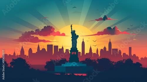 Luminous Liberty Neon Silhouette Design of the Statue of Liberty in Neonpunk Style with evening background
 photo