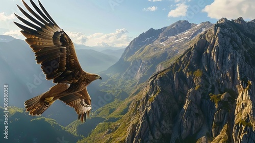 A majestic eagle teaching its fledgling to soar over a mountain range, their calls echoing in the crisp air photo