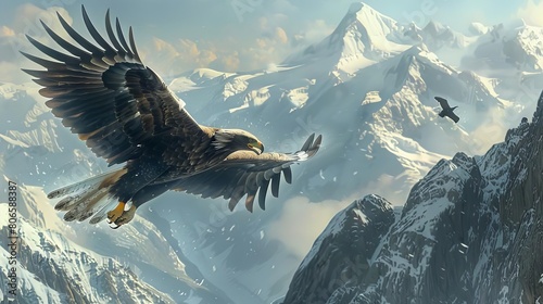 A majestic eagle teaching its fledgling to soar over a mountain range, their calls echoing in the crisp air photo