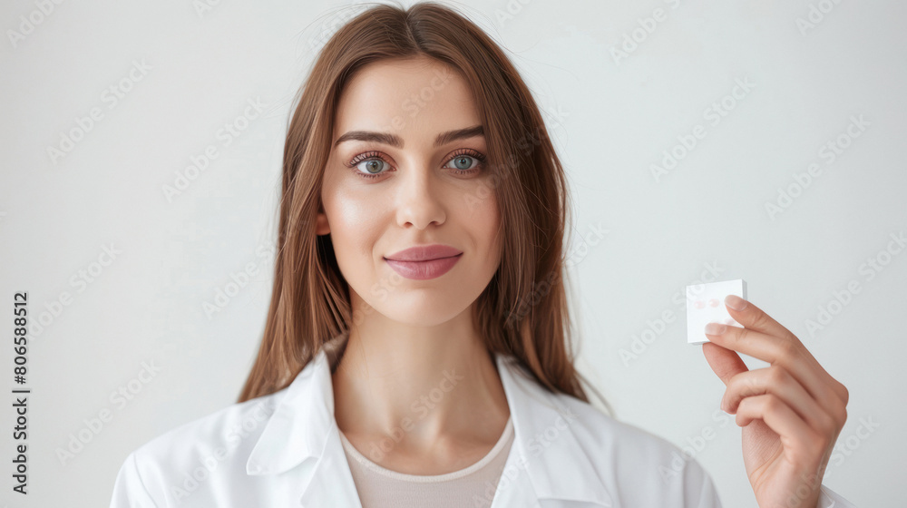 young female pharmacist showing white pharmaceutical box young female pharmacist showing white pharmaceutical box
