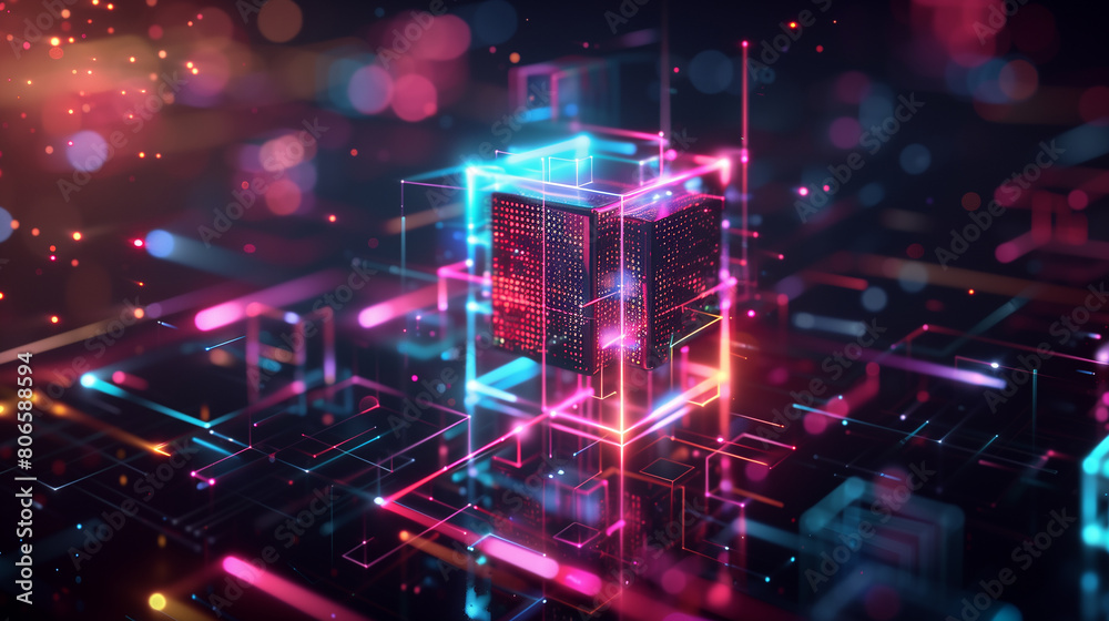 Fototapeta premium A colorful image of a cityscape with neon lights and squares. The image is abstract and has a futuristic feel to it