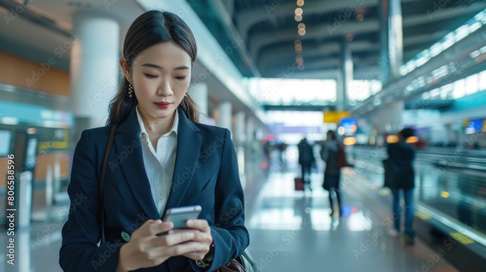 Businesswoman in a suit uses a mobile phone while waiting for a flight at the airport station inside the airport building. and waiting to board the plane Business contacts