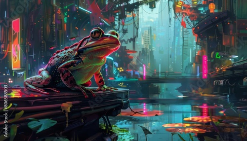 A mechanical frog perched on a glowing lily pad guards the cyberpunk alligator s lair in the neon swamp