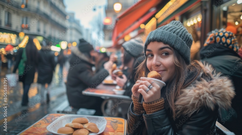 Beautiful young tourist, smiling, cheerful, happy enjoying the holiday at a small street festival. Beautiful eat street food Beautiful young tourist, smiling, cheerful, happy enjoying the holiday at a small street festival. Beautiful eat street food