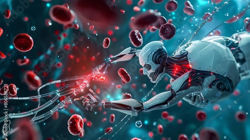 A medical nanobot entering a human body, healing damaged tissue as it moves through the bloodstream