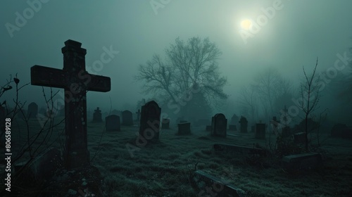 The misty cemetery at night is quiet.