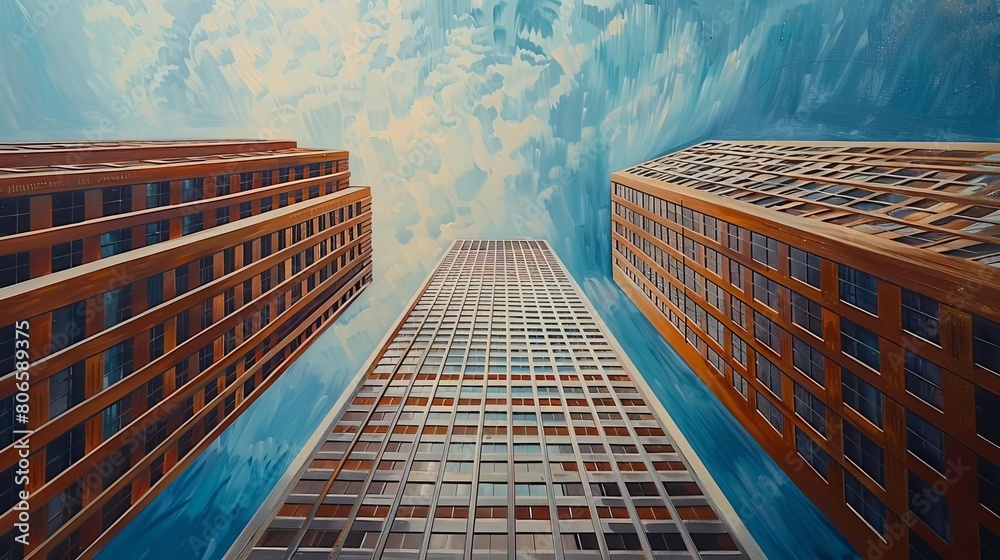 Fototapeta premium Design a sleek and modern skyscraper in a minimalist oil painting aesthetic