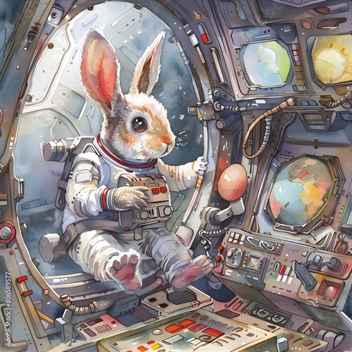Whimsical Watercolor Bunny in Spacesuit Exploring Spaceship for Easter Egg Generative ai photo