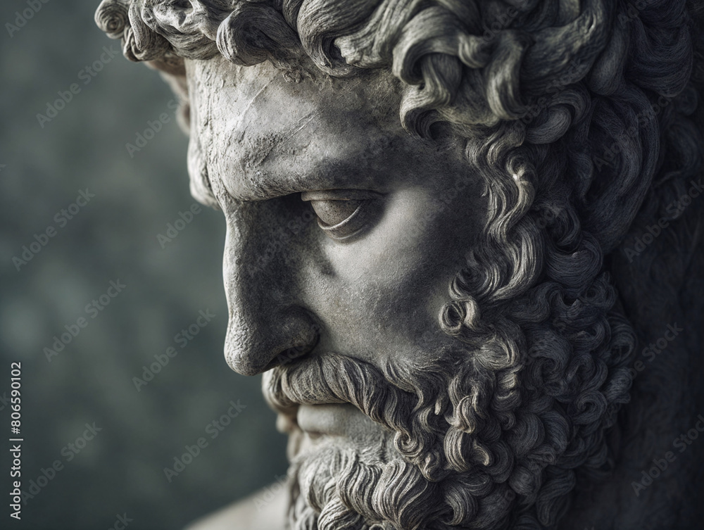 Close-Up of an Ancient Bearded Male Sculpture Representing Classical Greek or Roman Art