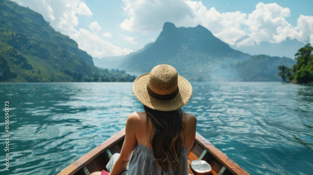 Rear view of young female tourist wearing a straw hat relaxing and looking ahead towards Rear view of young female tourist wearing a straw hat relaxing and looking ahead towards