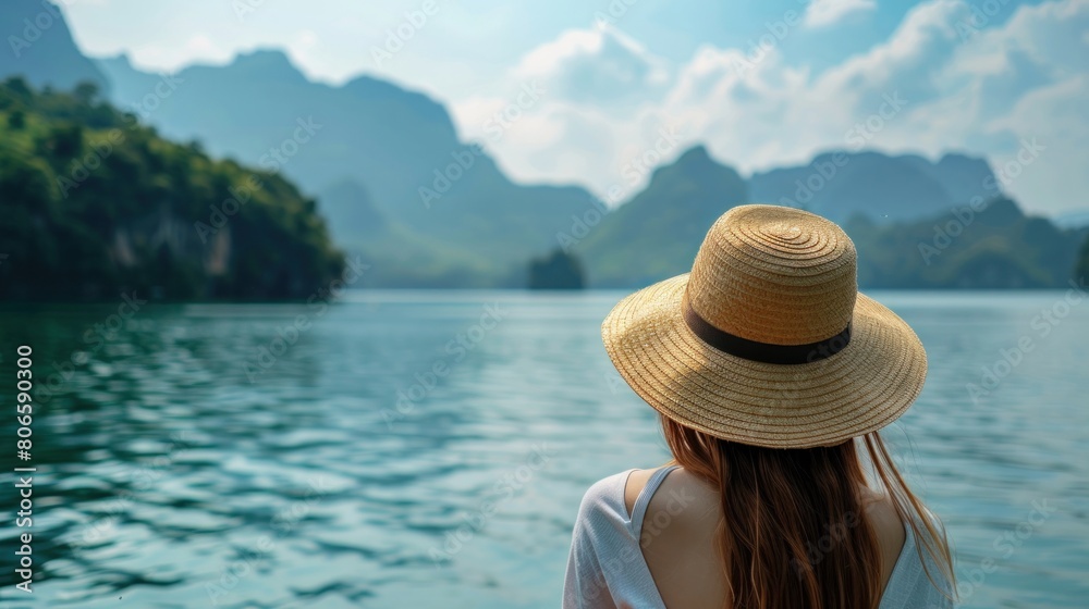 Rear view of young female tourist wearing a straw hat relaxing and looking ahead towards