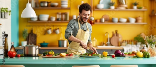 Cheerful Young Man Prepares Nutritious Meal in Vibrant Modern Kitchen