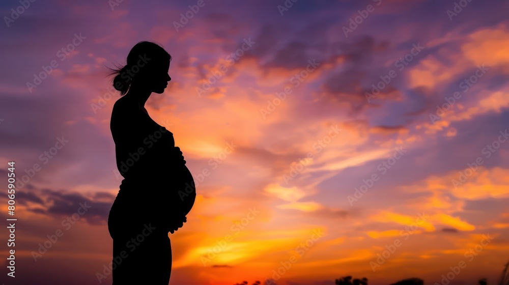 A silhouette of a pregnant woman standing against a sunset sky, showcasing the radiant glow of pregnancy. 