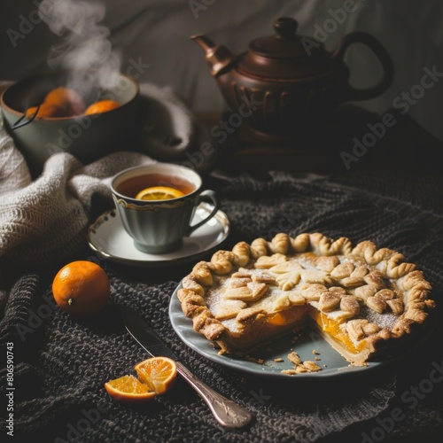 A pie is on a plate next to a cup of tea