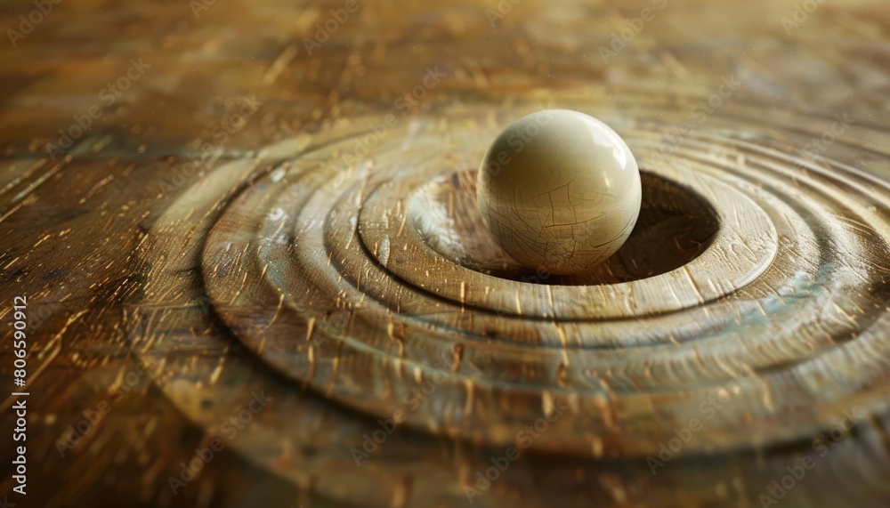 Naklejka premium A single sphere resting in a circular indentation on a wooden surface, symbolizing simplicity