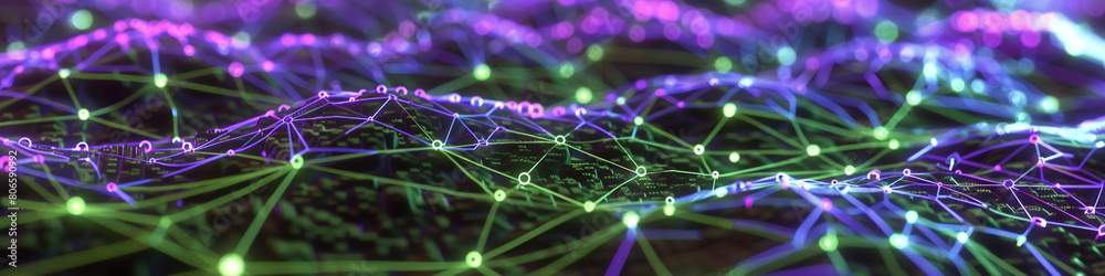Luminous paths of digital connectivity in hues of violet and moss green, crisscrossing in a high-tech landscape. Luminous paths of digital connectivity in hues of violet and moss green, crisscrossing in a high-tech landscape.