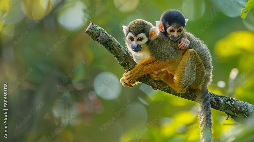 Obraz premium A squirrel monkey playing with its baby on its back, swinging from branch to branch in the canopy