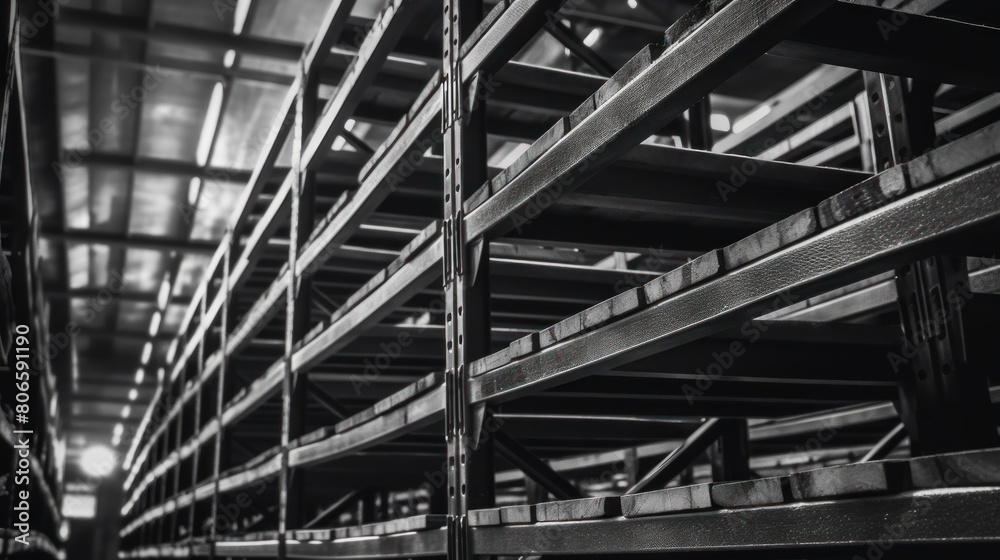 Symmetrical storage shelves with structural materials in a building warehouse.AI generated image