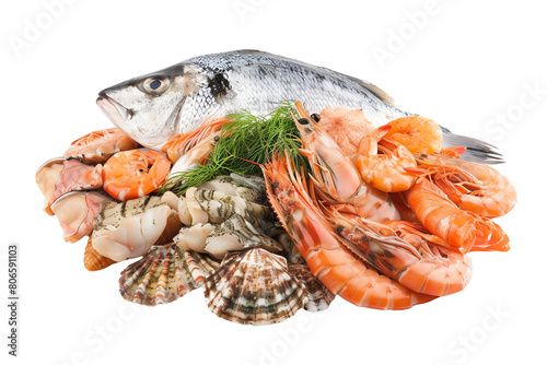 Fresh seafood assortment with fish, shrimp, and scallops, transparent background
