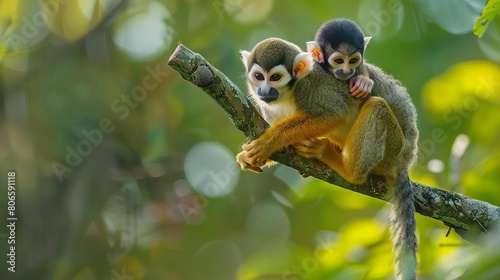A squirrel monkey playing with its baby on its back, swinging from branch to branch in the canopy © ZeNDaY