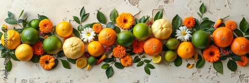 Vibrant Independence Day Celebration in India with Citrus Fruits and Marigolds on a White Concrete Table