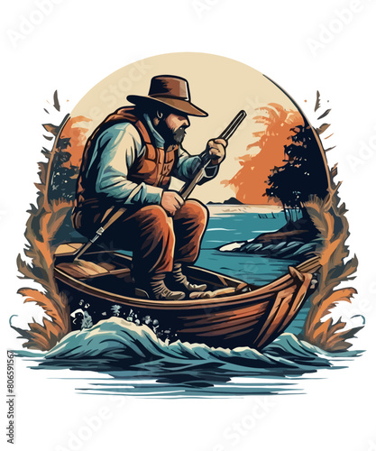 A fisherman catches fish with a fishing rod illustration