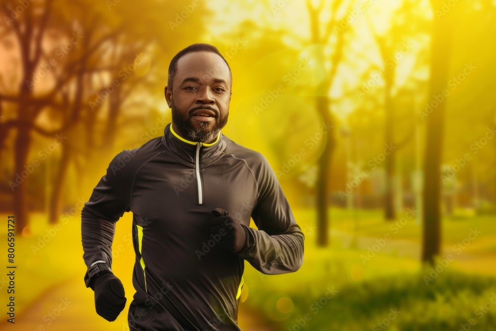 Obraz premium Dawn Vitality: Middle-Aged Black Man's Morning Jog for Cardio Health in City Park