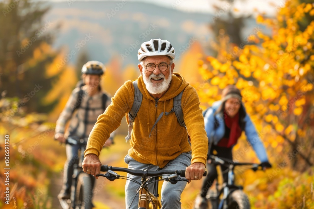 Celebrating Men's Health Month: Diverse Age Group of Men Biking on Rural Trail Amidst Autumn Scenery Celebrating Men's Health Month: Diverse Age Group of Men Biking on Rural Trail Amidst Autumn Scenery