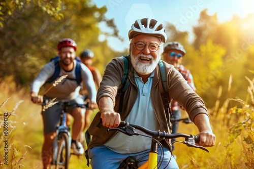Celebrating Men's Health Month: Multiethnic Senior and Adult Men Biking Outdoors on Rural Trail at Sunset