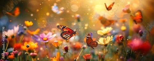 A swarm of playful butterflies fluttering around blooming flowers in a vibrant meadow