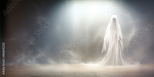 Eerie Ghostly Encounter enchantment cinematic mysterious haunting atmosphere with dusting background 