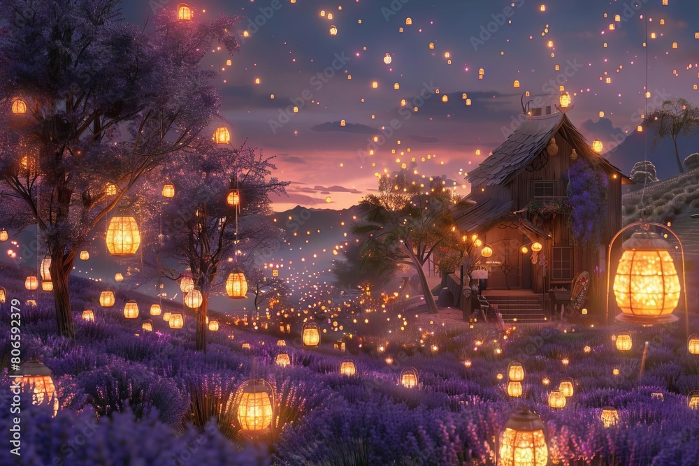 A whimsical depiction of a health fair in a field of lavender, with glowing lanterns and calming background music